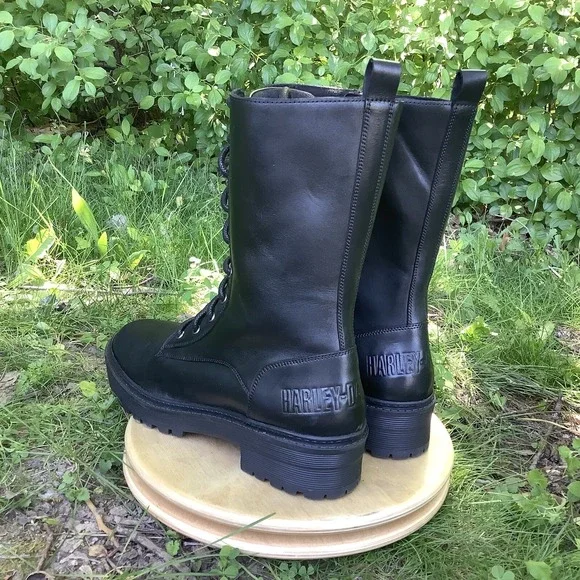 Harley-Davidson Valene‎ Riding Boots Women's Size 10 Black Leather Biker Eyelets - Picture 6 of 7
